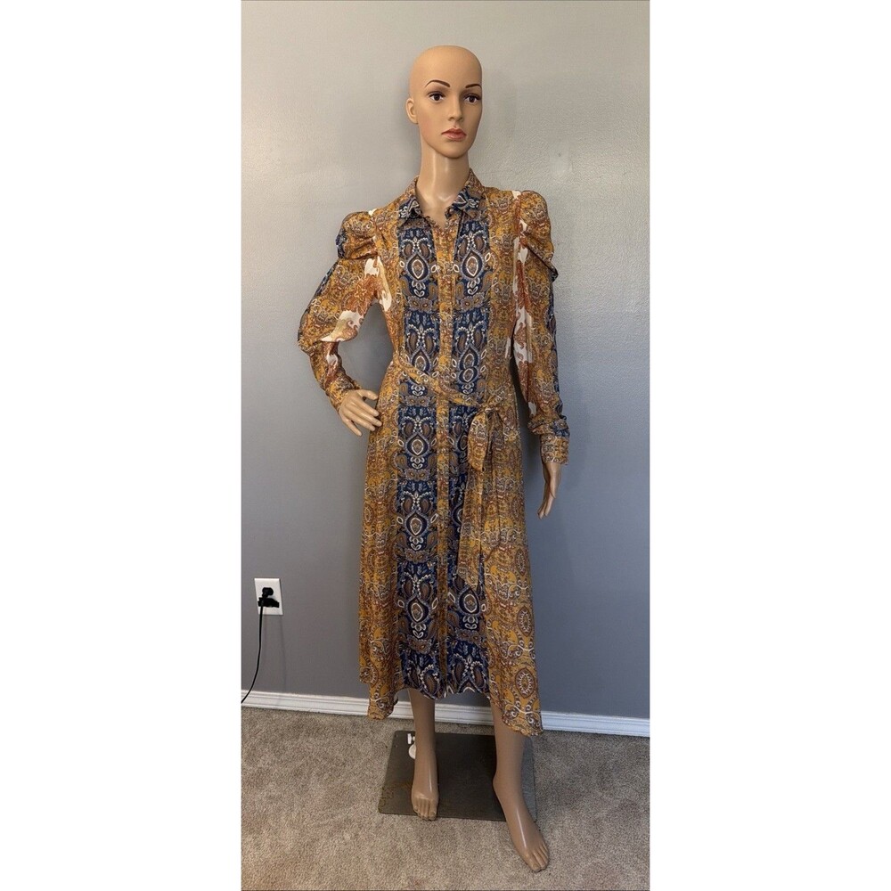 Flying Tomato Paisley Chiffon Midi Dress Long Button Down Shirt Dress Sz Small